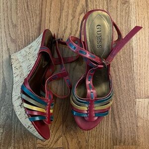 GUESS Red Multicolor Strappy Cork Wedge Sandals